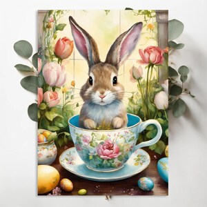 Peut inclure: Un lapin brun est assis dans une tasse à thé bleue et blanche avec des motifs floraux. La tasse à thé est sur une soucoupe avec des motifs floraux roses et bleus. Il y a des œufs de Pâques colorés éparpillés autour de la tasse à thé.