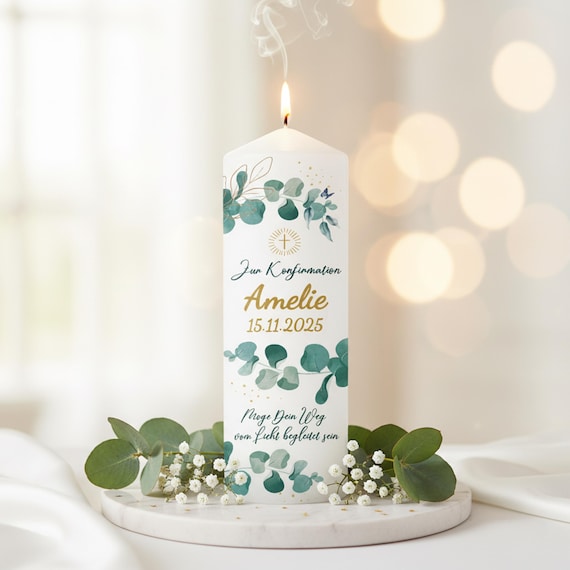 Personalisierte Kerze Konfirmation mit Namen– Tischkerze Geschenk Firmung, individuelle Dekokerze. Tischdekoration Firmung personalisierbar.