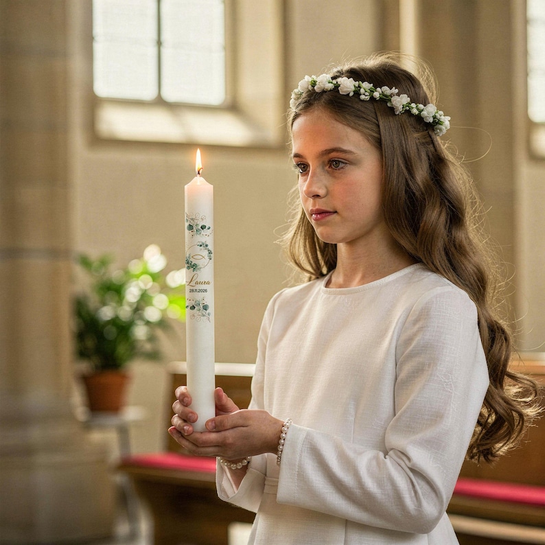 May include: A young person in a white dress holds a lit white candle decorated with green floral accents and the name "Laura". The person wears a floral crown and a bracelet. The background is a church interior.