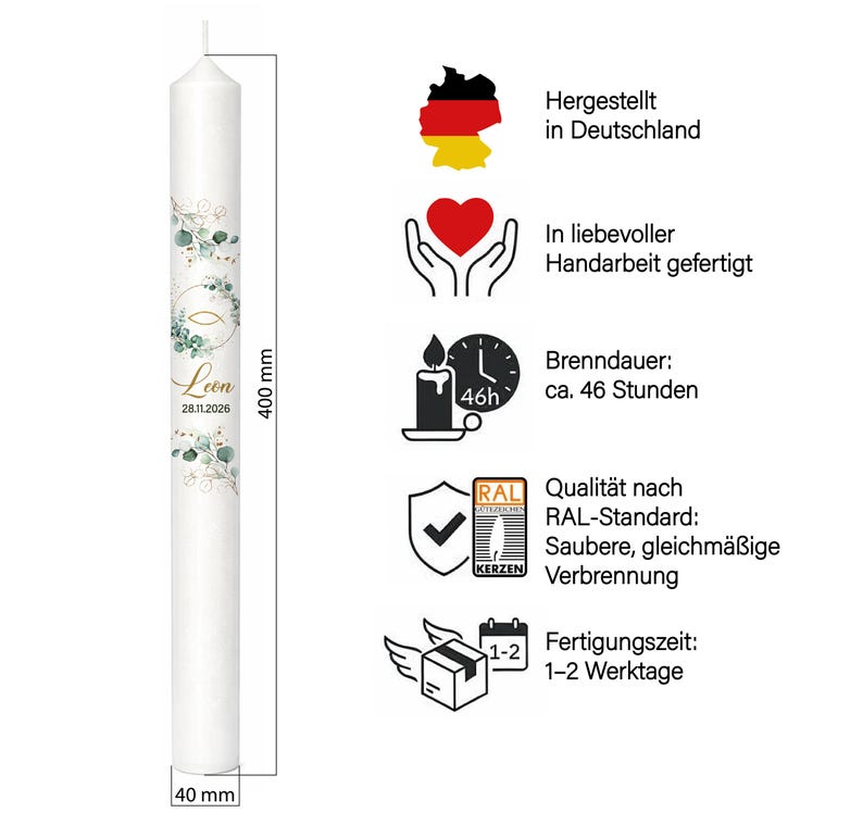 Personalisierte Kommunionkerze mit Eukalyptus & Gold/ Kommunionkerze / personalisierte Kerzen /Tischdeko Kommunion / Geschenke zur Kommunion image 3