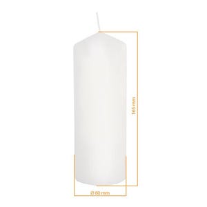 May include: A white pillar candle with a diameter of 60 mm and a height of 165 mm. The candle has a simple, cylindrical shape with a flat top and a wick extending from the center. The candle is designed for decorative or ambient lighting.