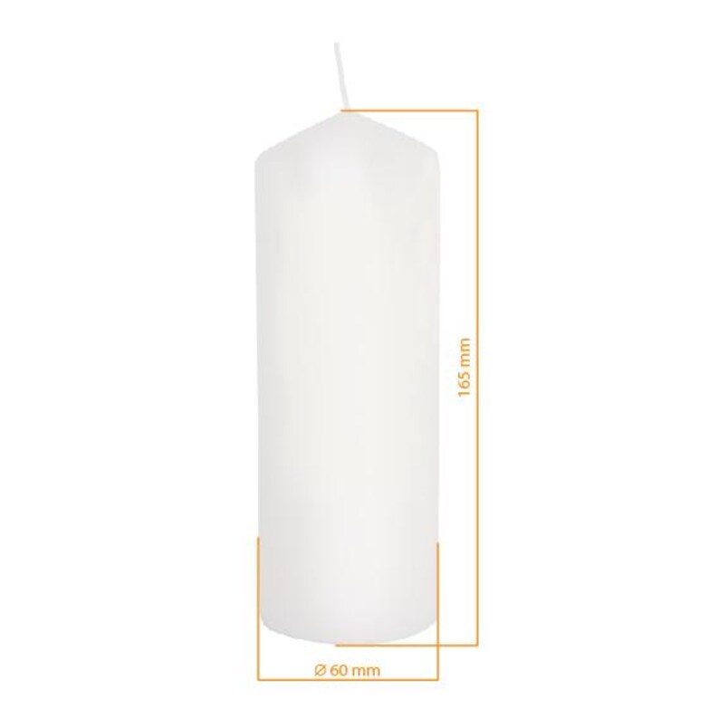 May include: A white pillar candle with a diameter of 60 mm and a height of 165 mm. The candle has a simple, cylindrical shape with a flat top and a wick extending from the center. The candle is designed for decorative or ambient lighting.