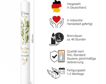 Taufkerze personaliseren met naam | Taufkerze Eukalyptus | Moderne Taufkerze mit Goud | Cadeau voor Taufe