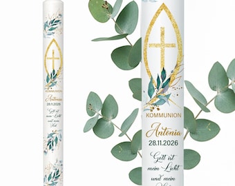 Personalisierte Kommunionkerze mit Eukalyptus & Gold/ Kommunionkerze / personalisierte Kerzen /Tischdeko Kommunion / Geschenke zur Kommunion
