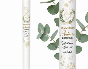 Personalisierte Kommunionkerze mit Eukalyptus & Gold/ Kommunionkerze / personalisierte Kerzen /Tischdeko Kommunion / Geschenke zur Kommunion