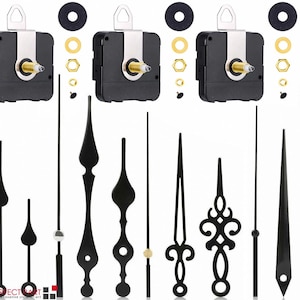 May include: Three black square clock movement mechanisms with gold-colored shafts, accompanied by various black clock hands in different styles, including ornate and simple designs, along with small gold-colored nuts, washers, and rubber gaskets.