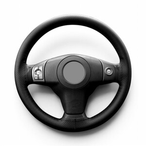May include: A black leather steering wheel featuring a perforated texture on the grip, a central circular hub, and integrated silver-toned control buttons on the left and right spokes for vehicle operation and audio adjustments.