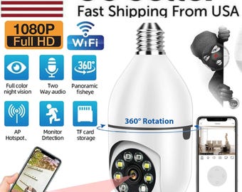 Cámara de seguridad inalámbrica con bombilla E27 IP de 360 grados y 1080P, con infrarrojos y wifi, para el hogar inteligente