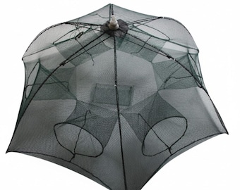 May include: A dark green, umbrella-style fishing net trap featuring a collapsible mesh frame with multiple circular entry points. The structure is supported by a central plastic hub and thin, flexible ribs that create a hexagonal shape.
