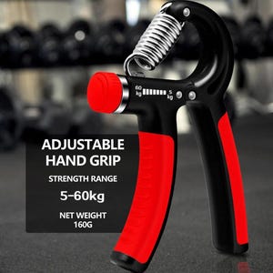 Puede incluir: Empu&ntilde;adura de mano ajustable negra y roja con un resorte plateado. El agarre tiene un rango de fuerza de 5-60 kg y un peso neto de 160 g. El texto "ADJUSTABLE HAND GRIP" es visible.