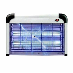 May include: An electric insect zapper with a white rectangular frame and black rounded corners. The device features a central grid emitting a bright blue ultraviolet light, with visible electrical discharge sparks and a small red power switch.