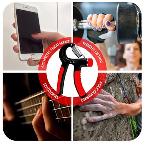 Puede incluir: Un fortalecedor de agarre de mano negro y rojo con un resorte plateado, centrado en un collage. El collage incluye im&aacute;genes de una persona usando un tel&eacute;fono inteligente, levantando pesas, tocando la guitarra y escalando rocas. El texto alrededor del agarre dice "Arthritis Treatment", "Weight Lifting", "Rock Climbing" y "Musicians".