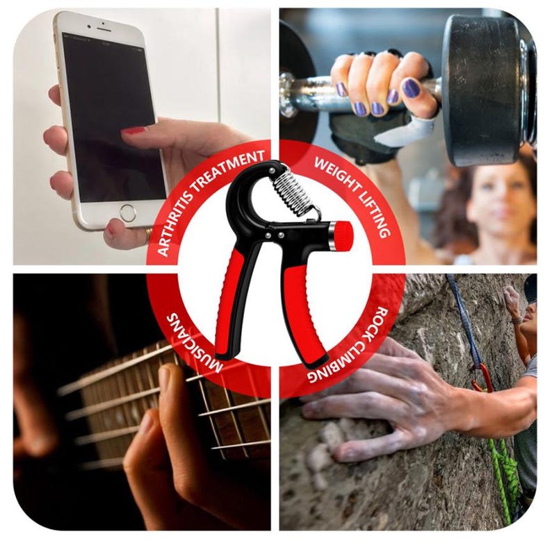 Puede incluir: Un fortalecedor de agarre de mano negro y rojo con un resorte plateado, centrado en un collage. El collage incluye im&aacute;genes de una persona usando un tel&eacute;fono inteligente, levantando pesas, tocando la guitarra y escalando rocas. El texto alrededor del agarre dice "Arthritis Treatment", "Weight Lifting", "Rock Climbing" y "Musicians".