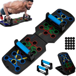 May include: A black foldable push-up board featuring color-coded slots for various muscle groups, including blue, red, green, and yellow lines. The set includes two detachable blue and black handles and a sheet of small circular black adhesive pads.