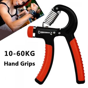 Puede incluir: Agarres de mano negros y rojos con un resorte plateado y resistencia ajustable de 10 a 60 kg. El texto "10-60KG Hand Grips" se muestra en la imagen.