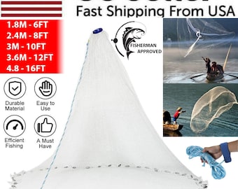 Red de pesca de 6/8/10/12/16 pies, cebo fácil de lanzar, malla de nailon resistente, para lanzar a mano, EE. UU.