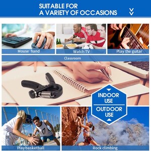 Puede incluir: Ejercitador de agarre de mano negro y plateado con un resorte. La imagen muestra el ejercitador de agarre de mano que se utiliza en varios entornos, incluyendo ver la televisi&oacute;n, jugar al baloncesto, escalar rocas y en un aula. El texto dice "Adecuado para una variedad de ocasiones."