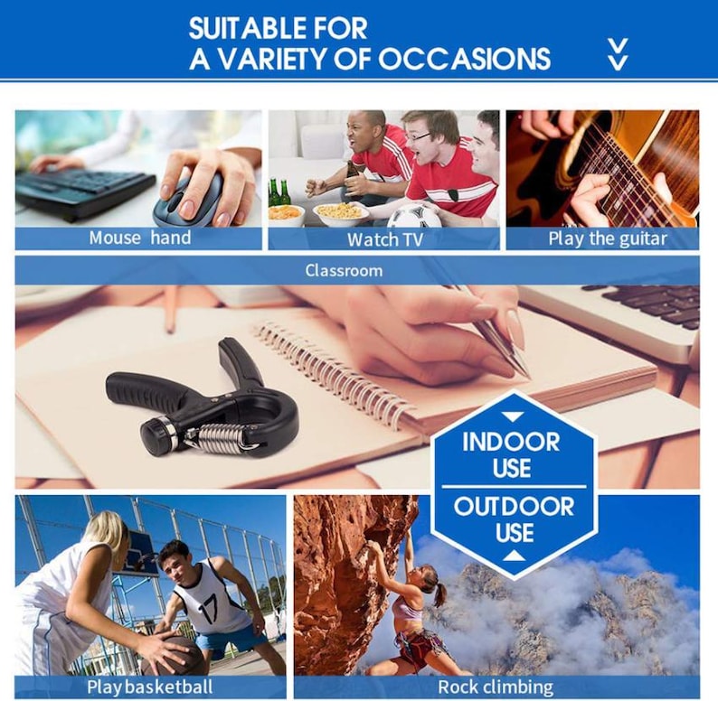Puede incluir: Ejercitador de agarre de mano negro y plateado con un resorte. La imagen muestra el ejercitador de agarre de mano que se utiliza en varios entornos, incluyendo ver la televisi&oacute;n, jugar al baloncesto, escalar rocas y en un aula. El texto dice "Adecuado para una variedad de ocasiones."