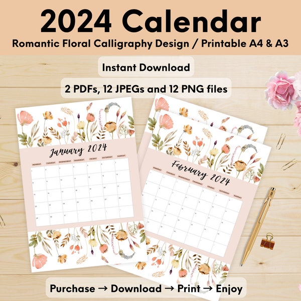 2024 Printable calendar, floral calligraphy, 2024 desk calendar, wall calendar, travel journaling, romancecore, monthly, PDF PNG A4 A3
