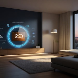 Puede incluir: Un salón moderno con un televisor de pantalla plana grande que muestra el número "2:92" dentro de un círculo azul brillante. El televisor está montado en una pared azul oscuro. Debajo del televisor hay un mueble largo de madera y una alfombra gris en el suelo.