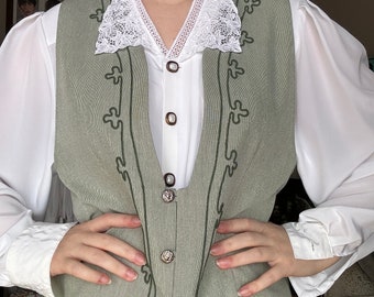 Vintage Green Vest with Embroidered Details and Rose Buttons