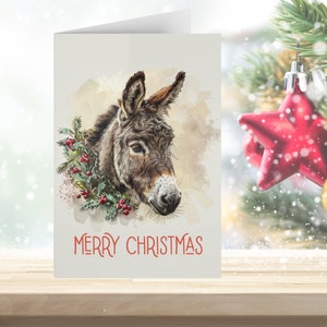 Jolie carte de Noël avec un âne, oeuvre d'art originale à l'aquarelle, cartes de voeux de Noël vierges ou cartes de correspondance - lot 1, 10, 30 et 50