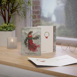 Cartes d'ange de Noël, ange de vacances rouge vif personnalisé à l'huile, oeuvres d'art originales et cartes de voeux design - Lot de 10 ou 30