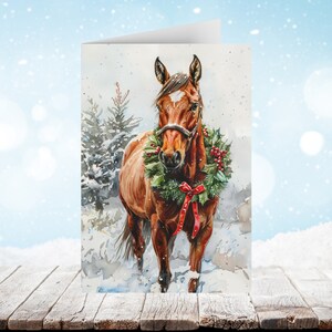 Carte de correspondance de Noël cheval alezan oseille, oeuvre d'art originale à l'aquarelle, voeux de Noël vierges personnalisés - lot 1,10, 30 & 50