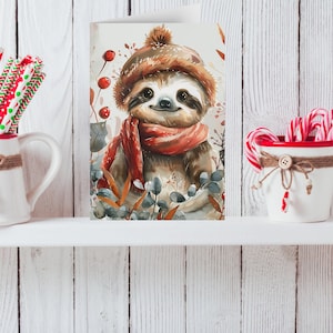 Cute Sloth Christmas - Whimsical Winter Scene Notecard - Wildlife Notecards - Christmas Card with Unique Illustrations, Sloth Wildlife Cards