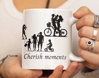 Embrace Love, Cherish Moments White Ceramic Coffee Mug - Heartwarming Mug - Celebrate Love Family Friendship - Silhouette - Family Sports
