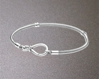 Pandora Infinity Knot Snake Chain S925 Pulsera de plata de ley, Pulsera de todos los días, Pulseras simples, Diseño minimalista, Regalo para ella