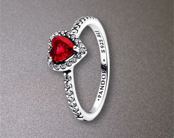 Anillo de corazón rojo Pandora - plata de ley S925 - anillo de boda, uso diario - anillo de encanto simple, regalo reflexivo para ella