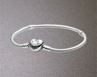 Pulsera Pandora, pulsera de encanto diario de plata de ley S925, pulsera de cadena de serpiente con cierre de corazón, pulsera minimalista, regalo para ella