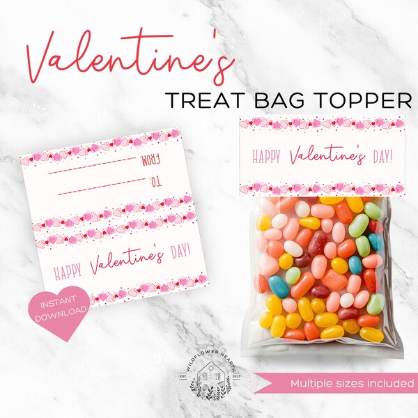 Pink Red Valentine's Day Printables DIY Treat Bag Toppers for Kids' Classroom Celebrations Cookies and Snacks - Instant Download DIY