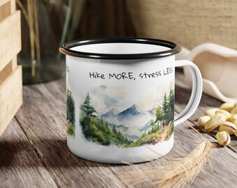 Adventure Camp Coffee Cup v3 | "Hike MORE, stress LESS" | Enamel Coffee Mug | 12oz