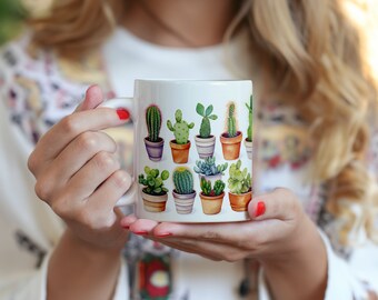 Tiny Potted Cactus Coffee Mug v2 | Gift for her | Plant Lover | Cacti Mug - 11oz