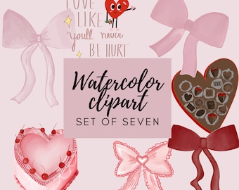 Alla hjärtans dag-klippkonstpaket - Coquette PNG-set - Röda och rosa estetiska filer - Nedladdningar av hjärtan och rosett - Akvarellkonst - Preppy Chic