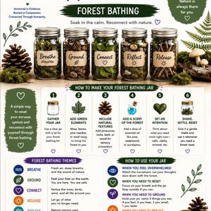 May include: An instructional infographic titled IWC Midweek Reset Forest Bathing featuring five glass jars filled with natural elements labeled Breathe, Ground, Connect, Reflect, and Release, alongside step-by-step instructions and themes.