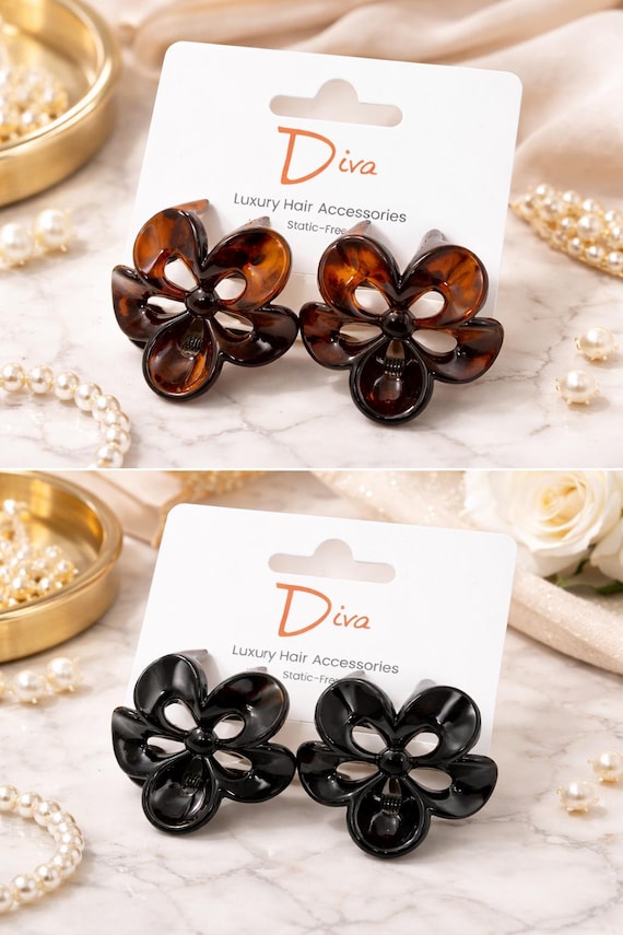 Lot De 28 Pinces Barrettes Cheveux Noires/marron En Forme De Fleur - Neuf