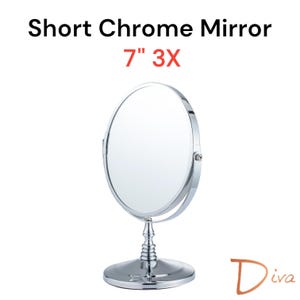 Diva 1x/3x/5x Short Magnifying Mirror | Double-Sided | Premium Metal | Minimalist | Tabletop Mirror | Freestanding Makeup | Chrome Plated