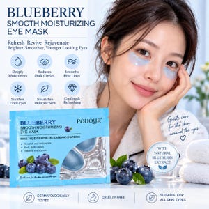 May include: A light blue rectangular packet of Blueberry Smooth Moisturizing Eye Mask featuring text, blueberry illustrations, and a clear window showing the blue gel patches. The packaging lists benefits like nourishing, moisturizing, and fading dark circles.