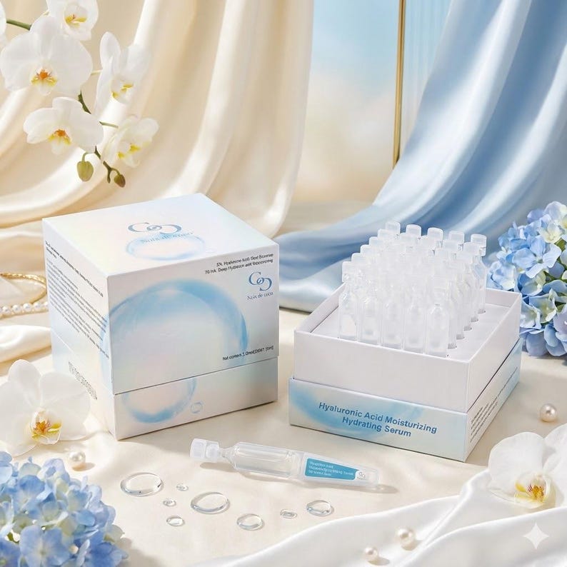 May include: A skincare product display featuring two white boxes and a single ampoule. The boxes are labeled with text and a blue graphic. One box is open, revealing multiple small, clear ampoules. The text "Hyaluronic Acid Moisturizing Hydrating Serum" is visible.