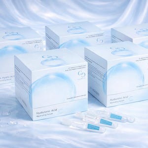 May include: White boxes of hyaluronic acid moisturizing serum with a blue bubble design. Several serum vials are in front of the boxes. The boxes have the text "Hyaluronic Acid Moisturizing Serum".