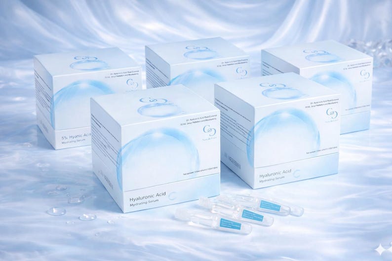 May include: White boxes of hyaluronic acid moisturizing serum with a blue bubble design. Several serum vials are in front of the boxes. The boxes have the text "Hyaluronic Acid Moisturizing Serum".