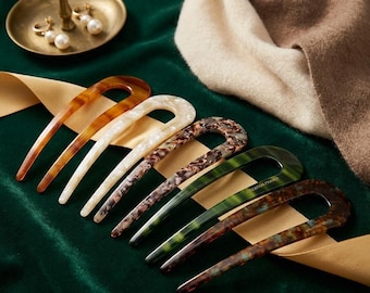 U-Shaped French Hair Pin: Multi-Colored Cellulose Acetate, Elegant Long Hair Stick
