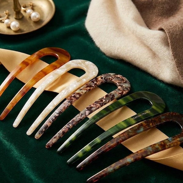 U-Shaped French Hair Pin: Multi-Colored Cellulose Acetate, Elegant Long Hair Stick