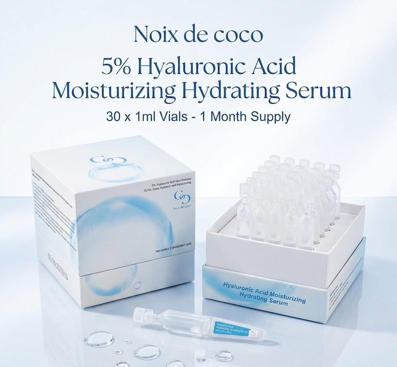 May include: A white box and tray containing small clear vials of serum, with the text "Noix de coco 5% Hyaluronic Acid Moisturizing Hydrating Serum". The box and tray are on a light blue surface. A single vial is in the foreground.