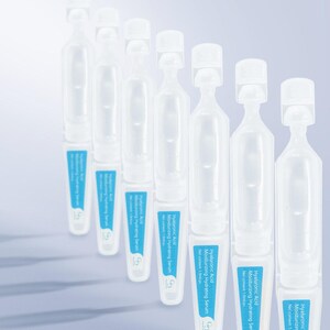 May include: A row of clear, plastic ampoules with white caps and blue labels. Each ampoule contains a moisturizing serum with the text "Hyaluronic Acid Moisturizing Hydrating Serum". The background is a gradient of white to light blue.