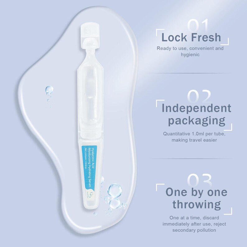 May include: A clear, single-use serum vial with a white cap and blue label. The label reads "Hyaluronic Acid Moisturizing Hydrating Serum." The image also includes the text "Lock Fresh," "Independent packaging," and "One by one throwing."