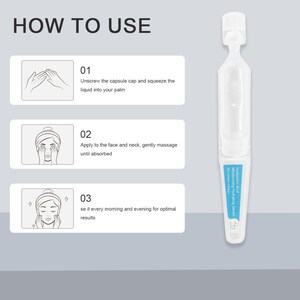 May include: A clear, single-use serum capsule with a blue label that reads "Hyaluronic Acid Moisturizing Hydrating Serum." The image also shows instructions: unscrew the cap, apply to face and neck, and use morning and evening.